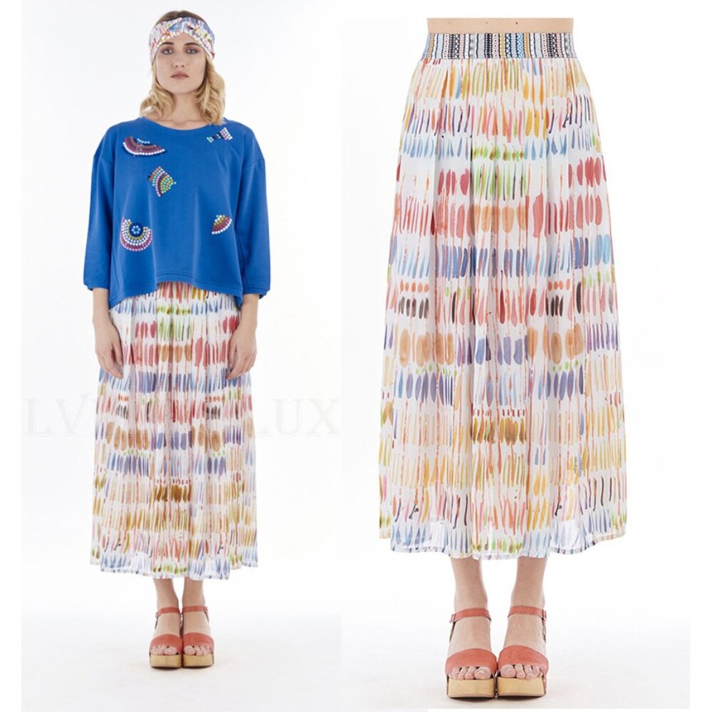 SAVE THE QUEEN SKIRT PLEATED LONG BRUSHSTROKE PRINT ELASTIC WAISTBAND sz S